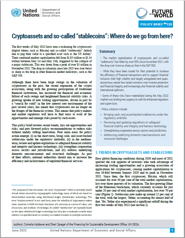 UN DESA Policy Brief No. 135: Cryptoassets and so-called ?stablecoins?: Where do we go from here?