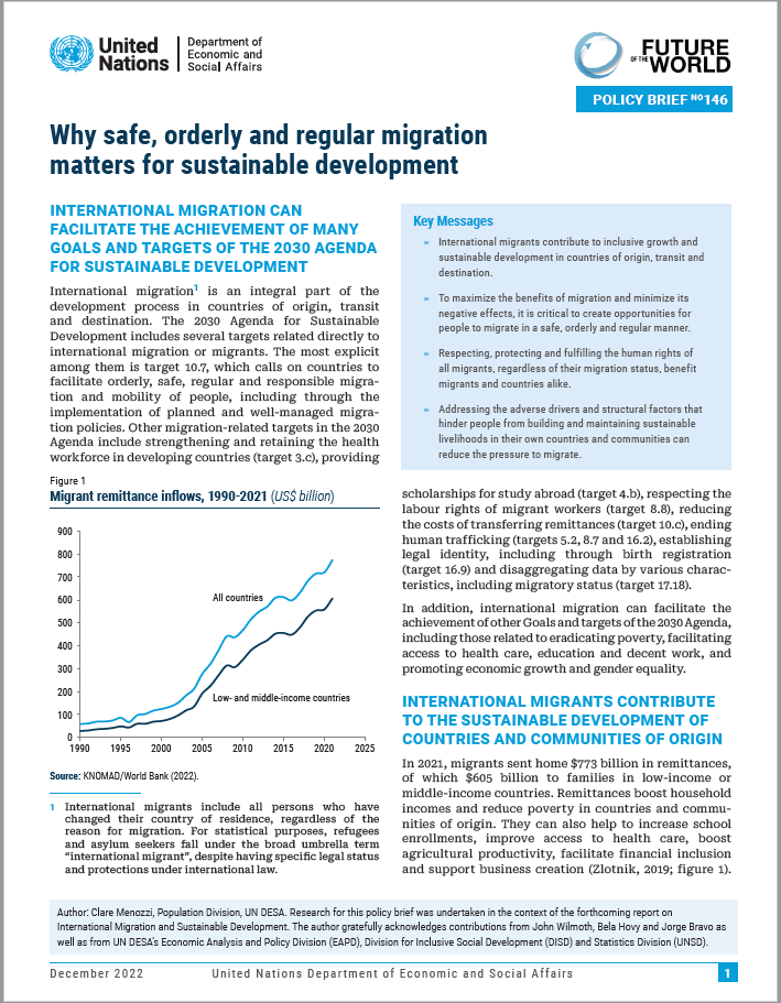 UN DESA Policy Brief No. 146: Why safe, orderly and regular migration matters for sustainable development