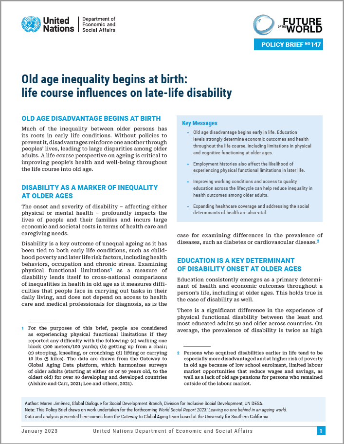 UN DESA Policy Brief No. 147: Old age inequality begins at birth: life course influences on late-life disability