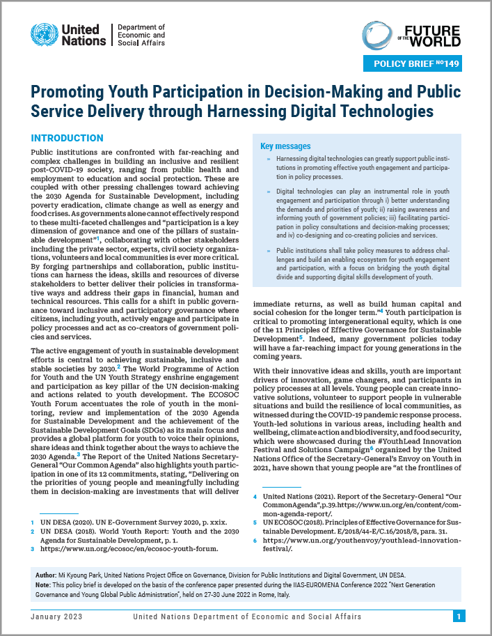 UN DESA Policy Brief No. 149: Promoting Youth Participation in Decision-Making and Public Service Delivery through Harnessing Digital Technologies