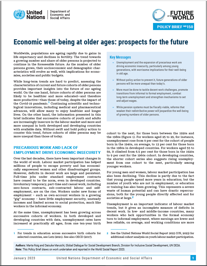 UN DESA Policy Brief No. 150: Economic well-being at older ages: prospects for the future
