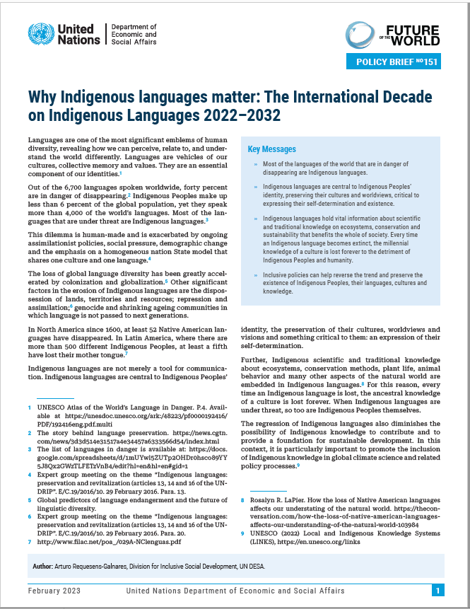 UN DESA Policy Brief No. 151: Why Indigenous languages matter: The International Decade on Indigenous Languages 2022?2032