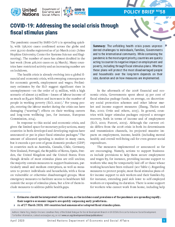 UN/DESA Policy Brief #58: COVID-19: Addressing the social crisis through fiscal stimulus plans