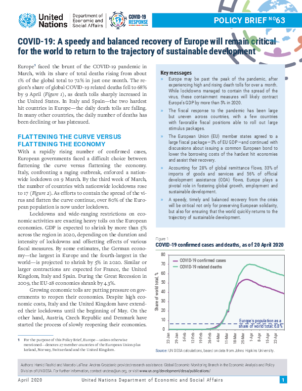 UN/DESA Policy Brief #63: The COVID-19 pandemic: A speedy and balanced recovery of Europe will remain critical for the world to return to the trajectory of sustainable development