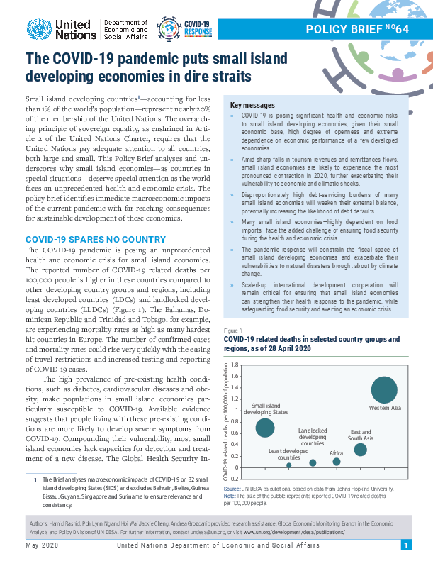 UN/DESA Policy Brief #64: The COVID-19 pandemic puts Small Island Developing economies in dire straits