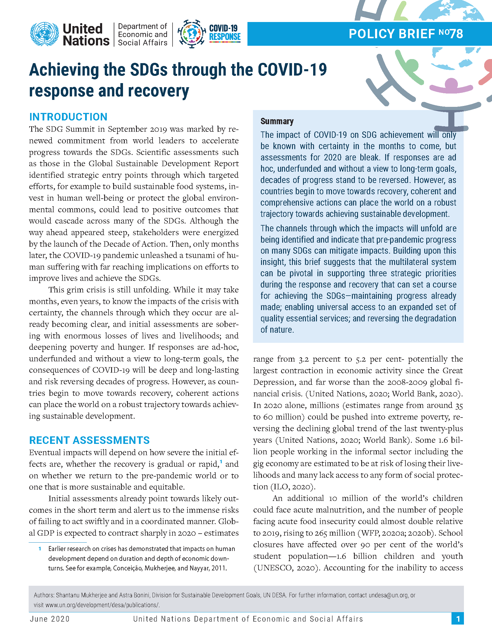 UN/DESA Policy Brief #78: Achieving the SDGs through the COVID-19 response and recovery
