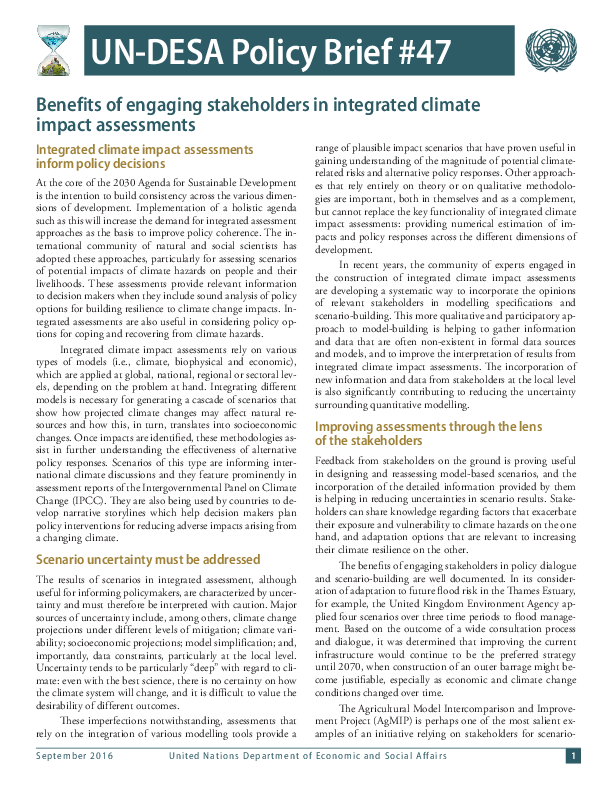 UN/DESA Policy Brief #47: Benefits of engaging stakeholders in integrated climate impact assessments