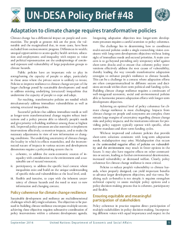 UN/DESA Policy Brief #48: Adaptation to climate change requires transformative policies