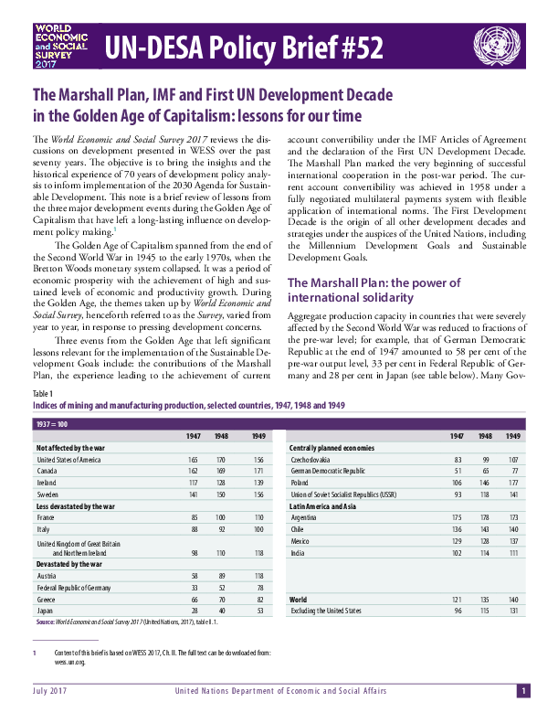 UN/DESA Policy Brief #52: The Marshall Plan, IMF and First UN Development Decade in the Golden Age of Capitalism: lessons for our time