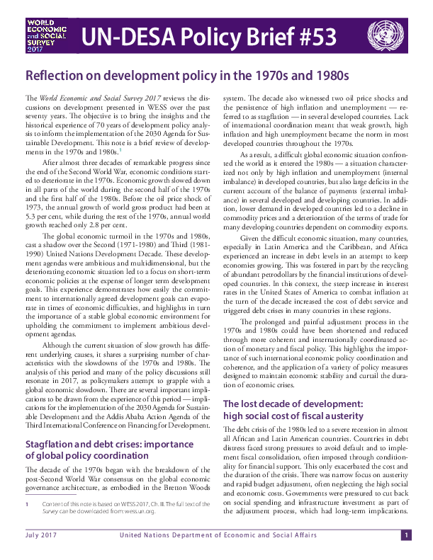 UN/DESA Policy Brief #53: Reflection on development policy in the 1970s and 1980s
