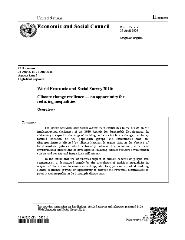 World Economic and Social Survey 2016 Overview: Climate Change Resilience: An opportunity for reducing inequalities
