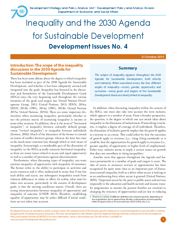Development Issues No. 4: Inequality and the 2030 Agenda for Sustainable Development