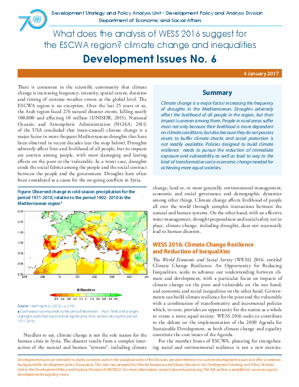 Development Issues No. 6: What does the analysis of WESS 2016 suggest for the ESCWA region? climate change and inequalities