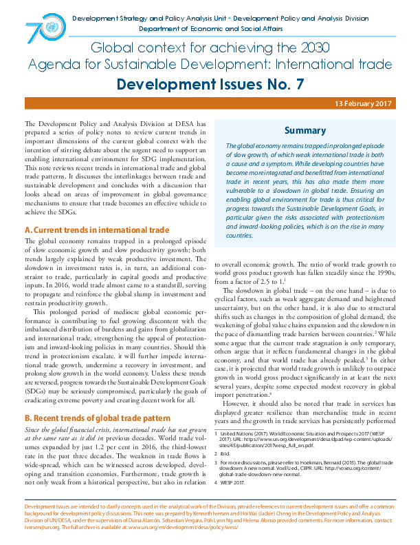 Development Issues No. 7: Global context for achieving the 2030 Agenda for Sustainable Development: International trade