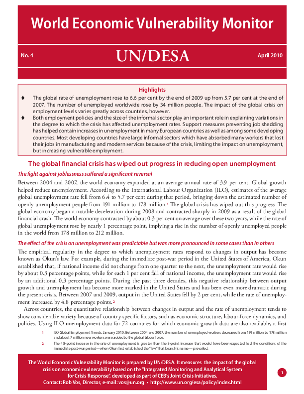 Vulnerability Monitor No. 4: The global financial crisis has wiped out progress in reducing open unemployment