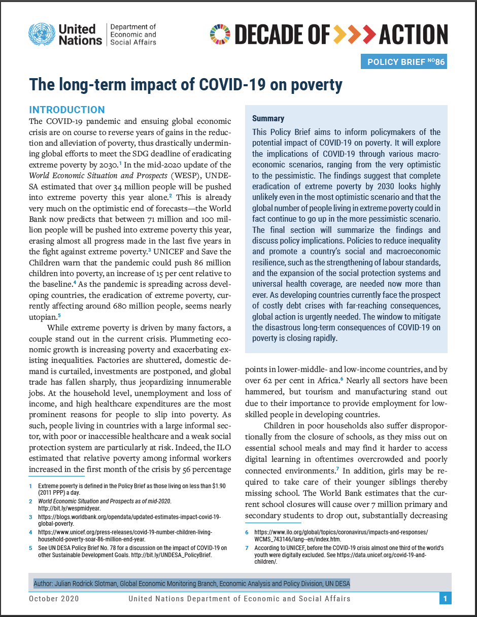 UN/DESA Policy Brief #86: The long-term impact of COVID-19 on poverty