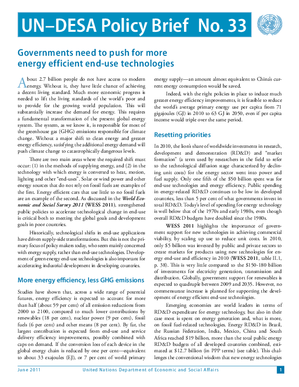 UN/DESA Policy Brief, No. 33