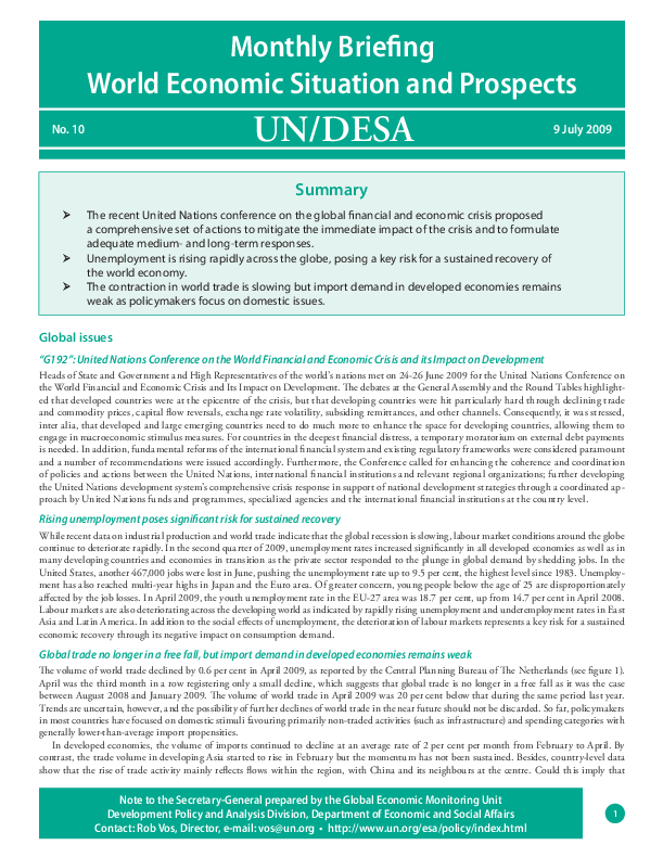 Monthly Briefing on the World Economic Situation and Prospects, No. 10