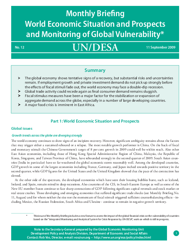 Monthly Briefing on the World Economic Situation and Prospects, No. 12