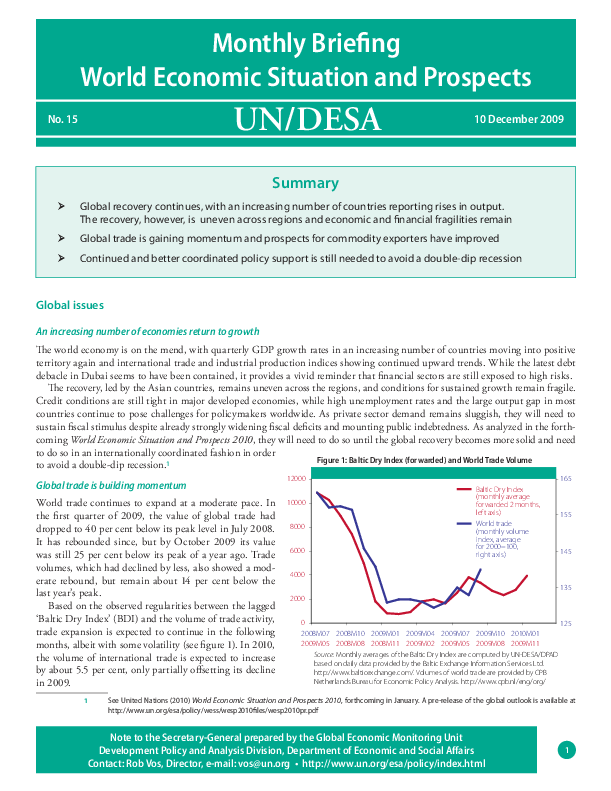 Monthly Briefing on the World Economic Situation and Prospects, No. 15