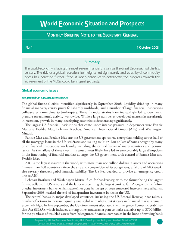 Monthly Briefing on the World Economic Situation and Prospects, No. 1