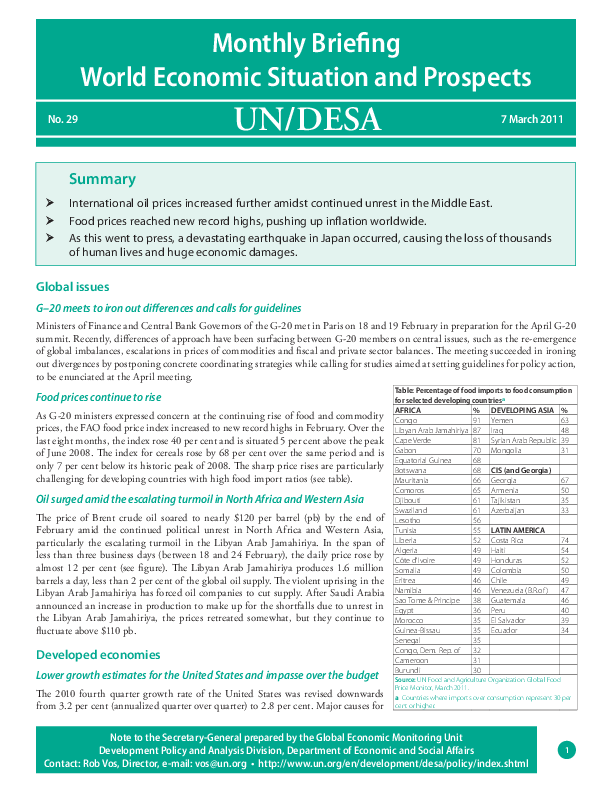 Monthly Briefing on the World Economic Situation and Prospects, No. 29
