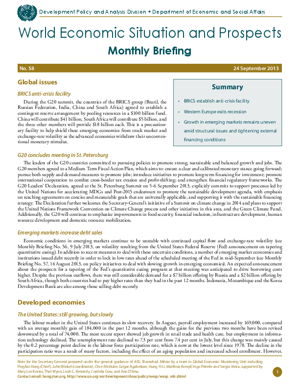 Monthly Briefing on the World Economic Situation and Prospects, No. 58