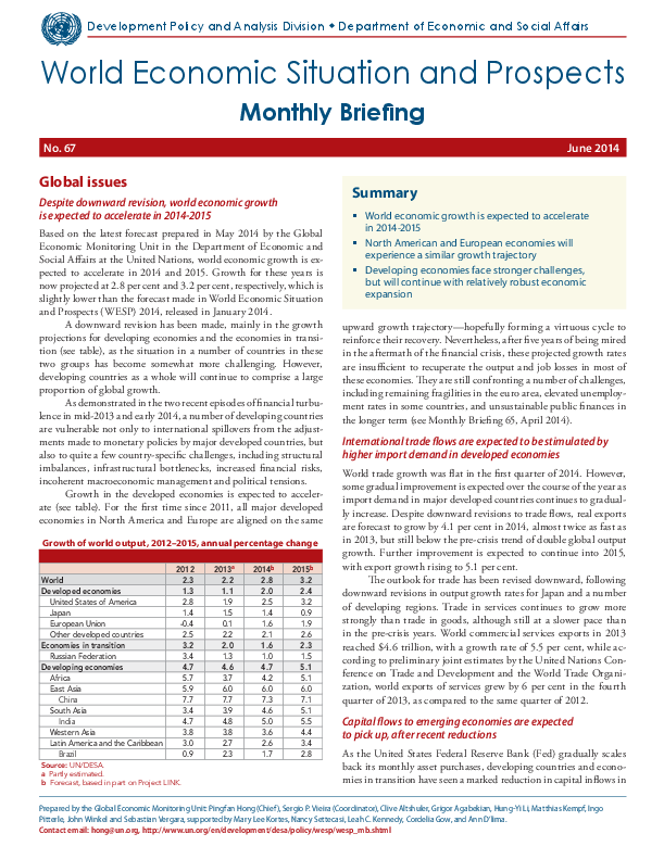 Monthly Briefing on the World Economic Situation and Prospects, No. 67