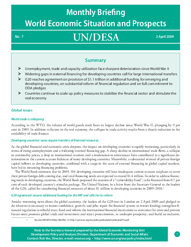 Monthly Briefing on the World Economic Situation and Prospects, No. 7