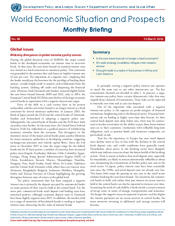 World Economic Situation and Prospects: March 2016 Briefing, No. 88