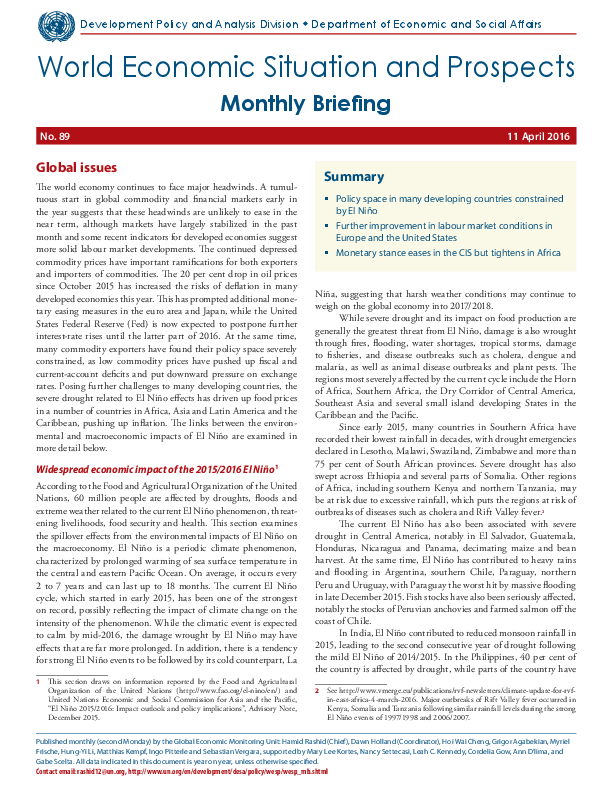 World Economic Situation and Prospects: April 2016 Briefing, No. 89