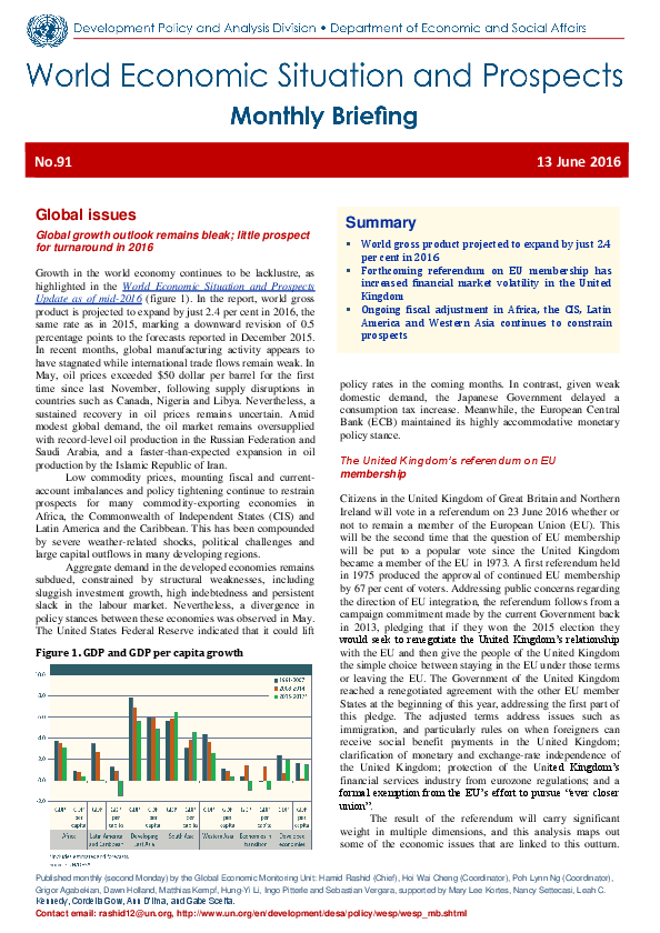 World Economic Situation And Prospects: June 2016 Briefing, No. 91