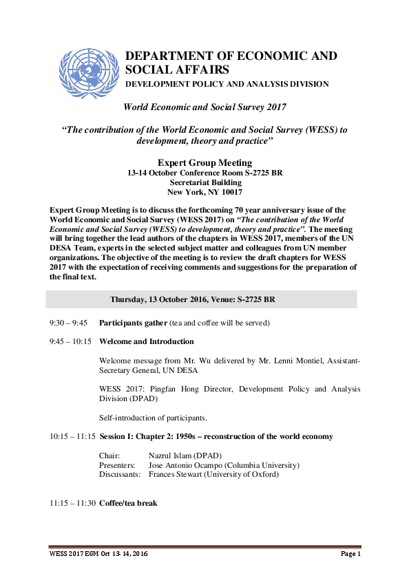 Expert Group Meeting: The contribution of the World Economic and Social Survey (WESS) to development, theory and practice