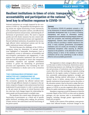 UN/DESA Policy Brief #74:  Resilient institutions in times of crisis: transparency, accountability and participation at the national level key to effective response to COVID-19